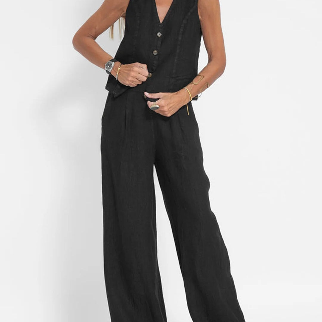 Marceline | Ensemble en lin sans manches avec gilet à col en V pour femme