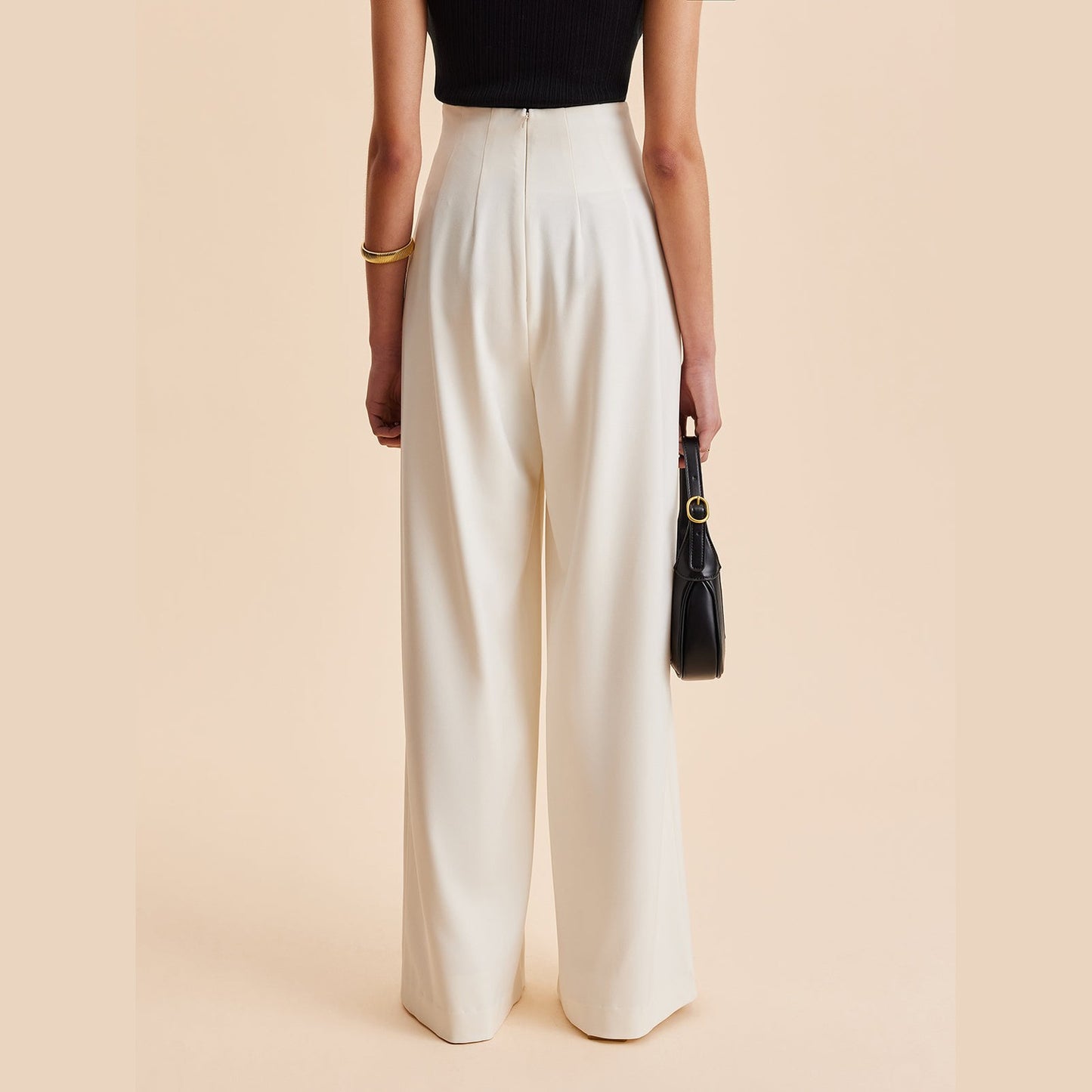 Haniya | Pantalon Femme Taille Haute à Jambes Larges avec Boutons Dorés