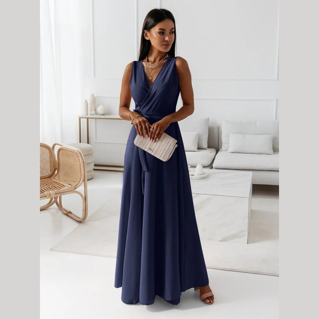 Annabelle | Robe longue unie pour femme avec col en V