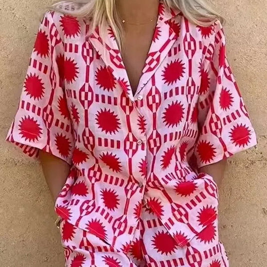 Lady | Ensemble chemise à boutons imprimé soleil et short pour femmes