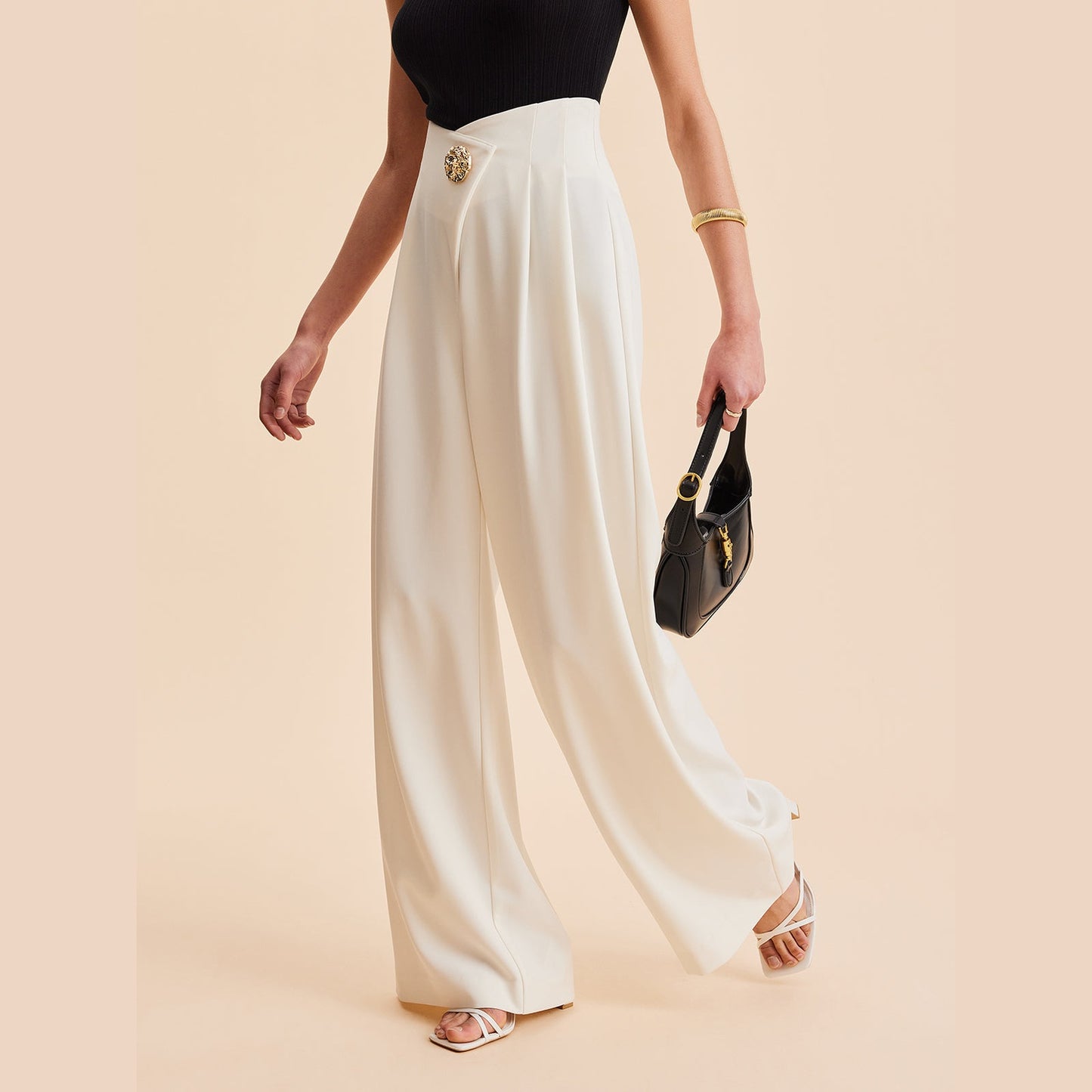 Haniya | Pantalon Femme Taille Haute à Jambes Larges avec Boutons Dorés
