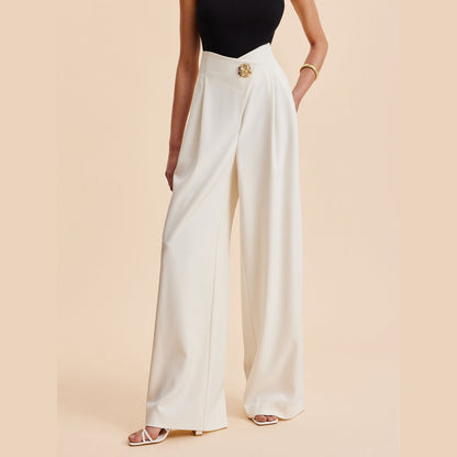 Haniya | Pantalon Femme Taille Haute à Jambes Larges avec Boutons Dorés