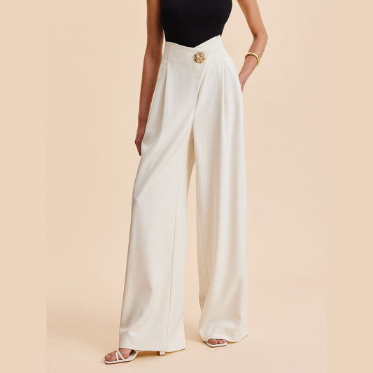 Haniya | Pantalon Femme Taille Haute à Jambes Larges avec Boutons Dorés
