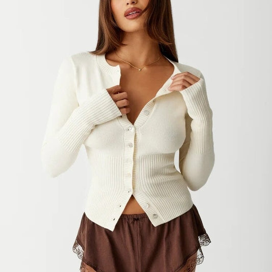 THE KONF™ | Pull en tricot avec bouton FEMININO Essentielle S Blanc 