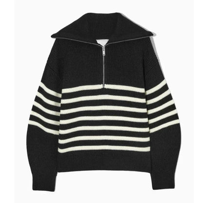 THE KONF™ | Pull tricoté féminin avec fermeture éclair FEMININO Essentielle S Noir/Blanc 